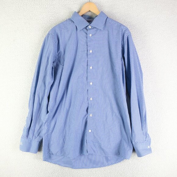 Eton Contemporary Dress Shirt Mens 46 18 Blue Check Button Up Spread Collar - Picture 1 of 10